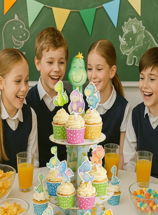 BOGAZNET 25PCS Dino Party Decorations Kit - Dinosaur Cupcake Stand 3-Tier and 24PCS Dinosaur Cupcake Toppers for Dino Birthday Decorations Baby Shower Fun Party Supplies for Kids Celebrations - Image 4
